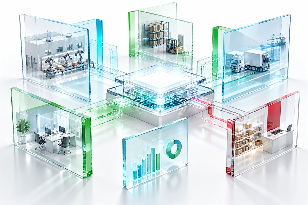 Concept di software che connette uffici, produzione, logistica e dati