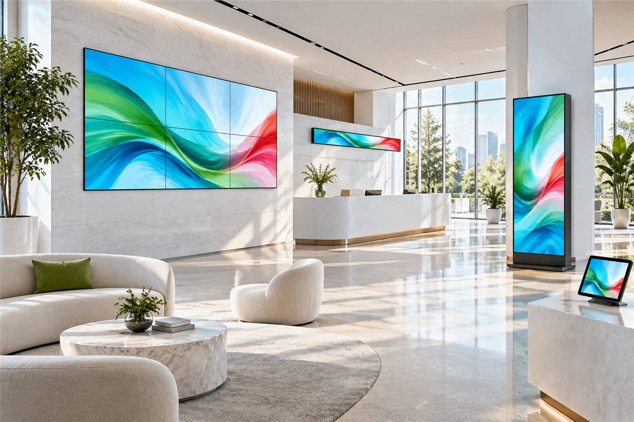 Concept di comunicazione digitale con grande schermo, totem, insegna e piccolo display